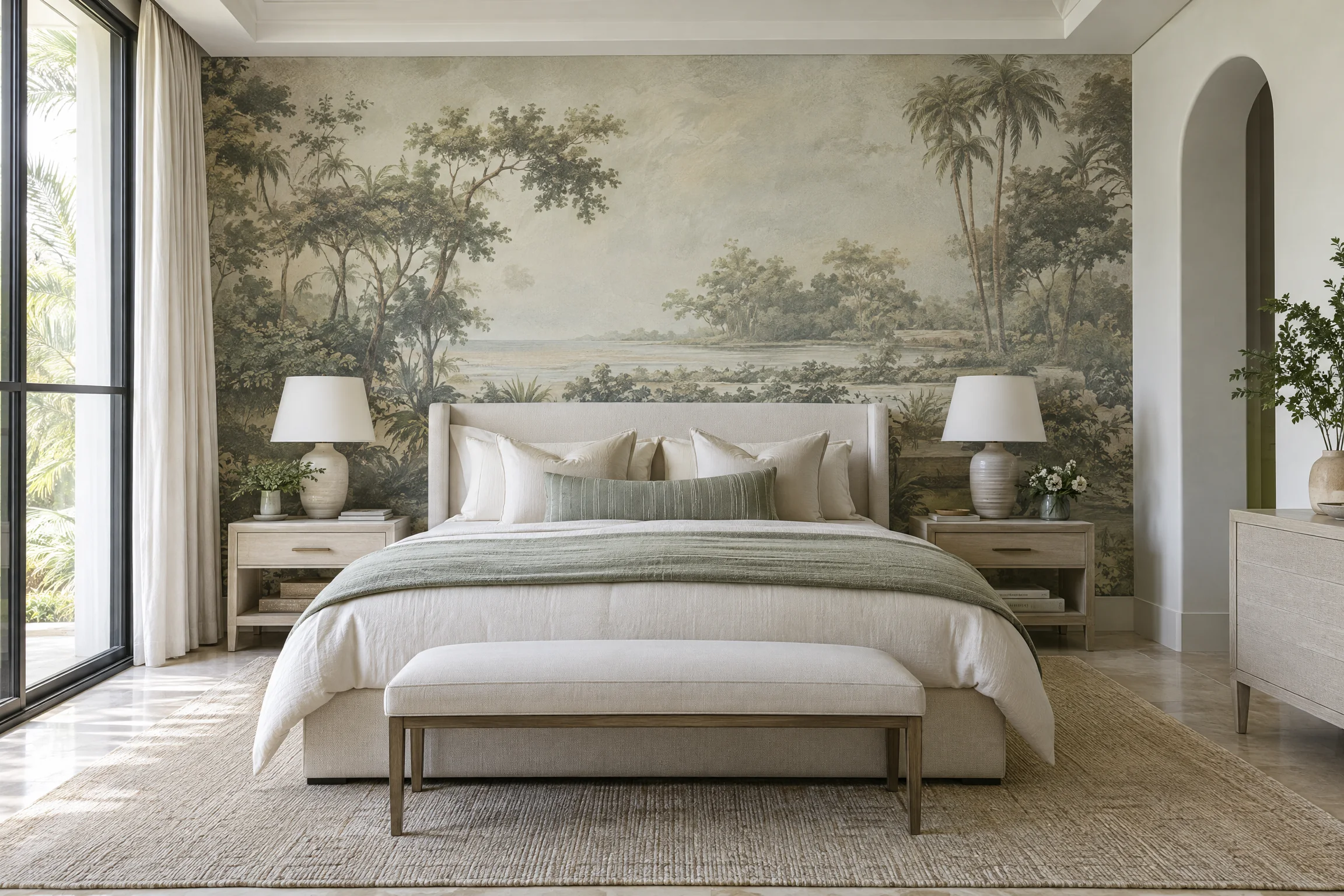 Soft landscape mural behind a bed