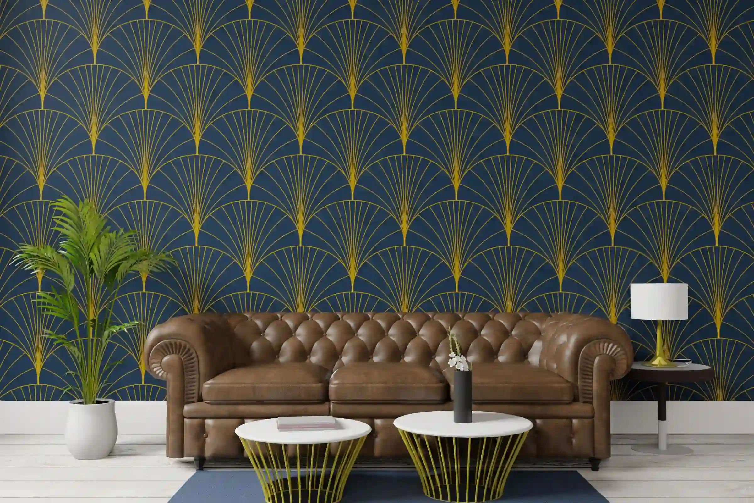 Botanical wallpaper used as a feature wall in a furnished room