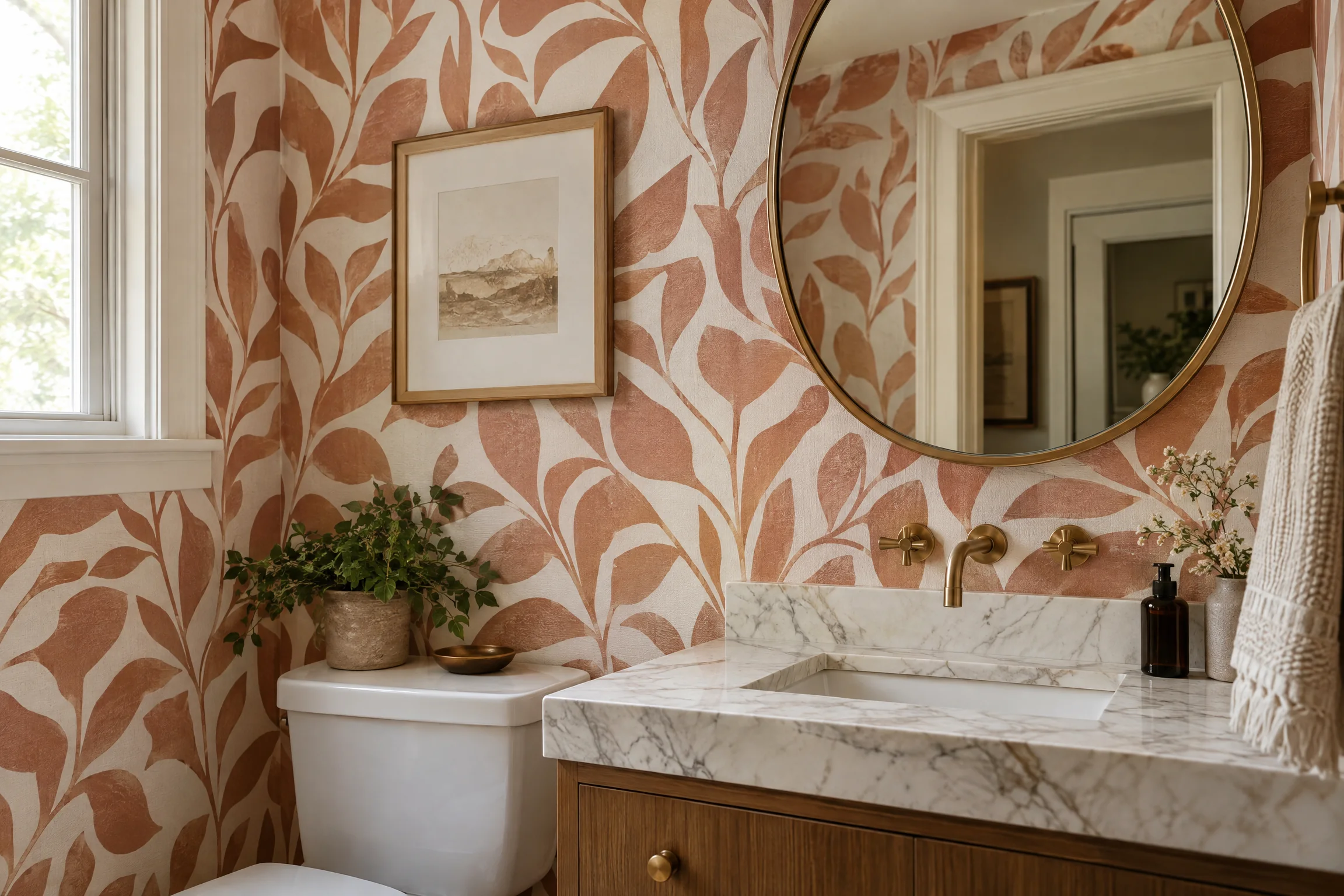 Printed wallcovering in a small powder room
