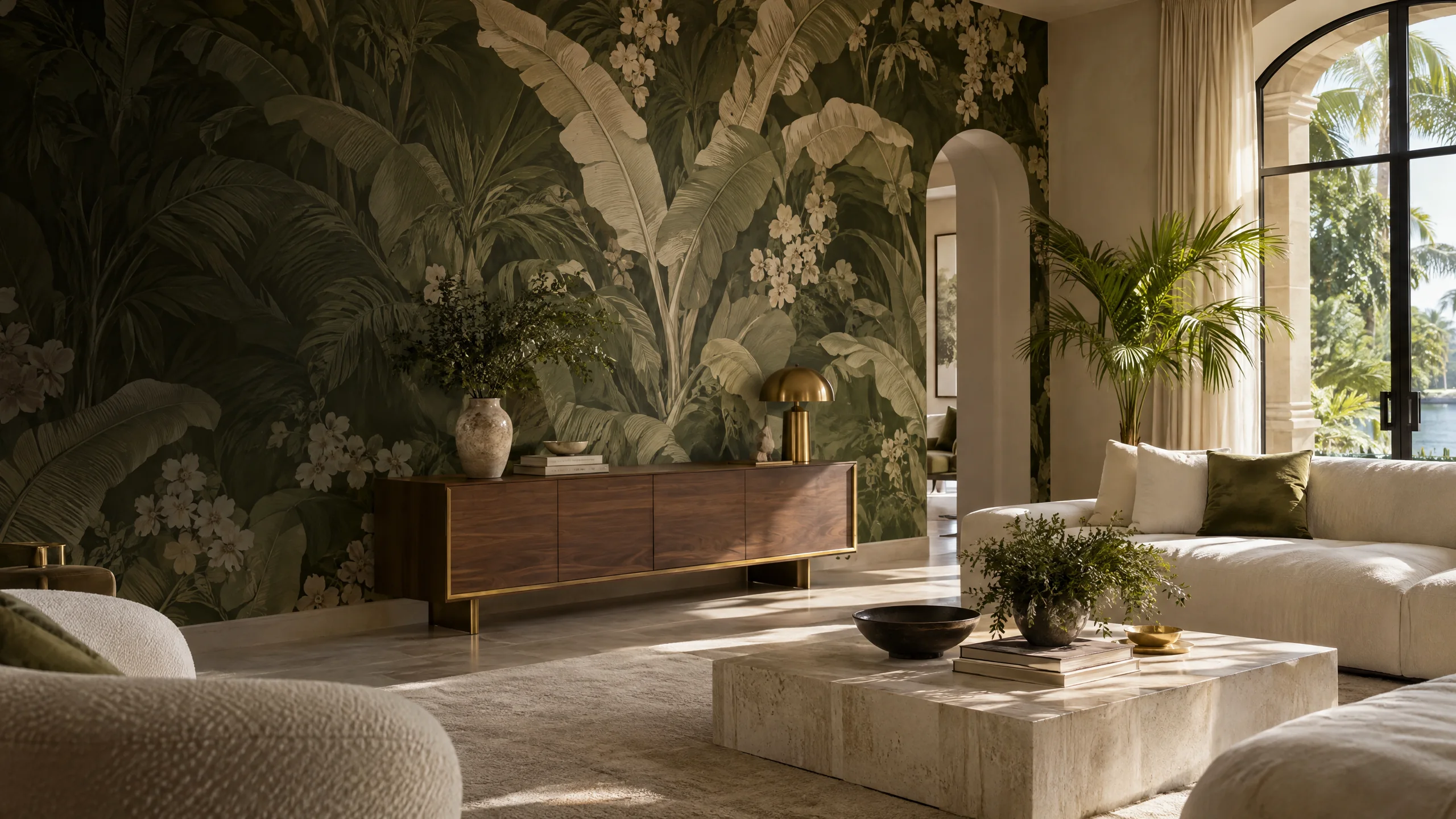 Sunlit living room with a botanical wallpaper feature wall
