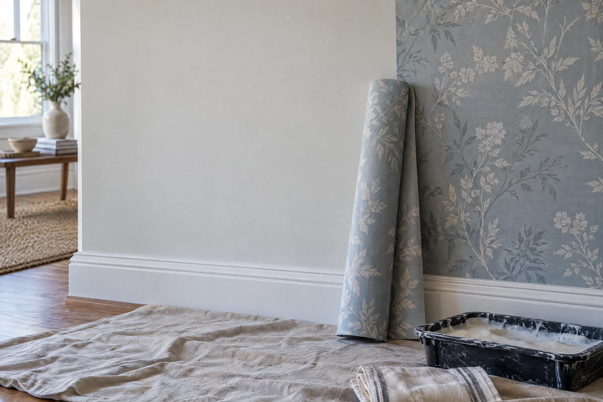 Wallpaper sample and prepared interior wall